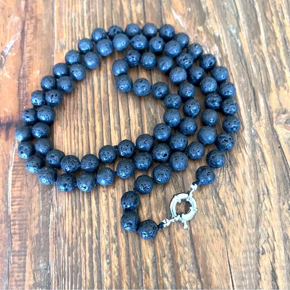 Black Lava Beads Necklace with round clasp.